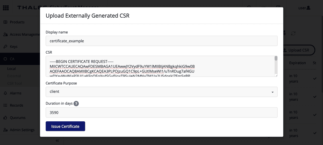 Enter CSR details to issue a certificate