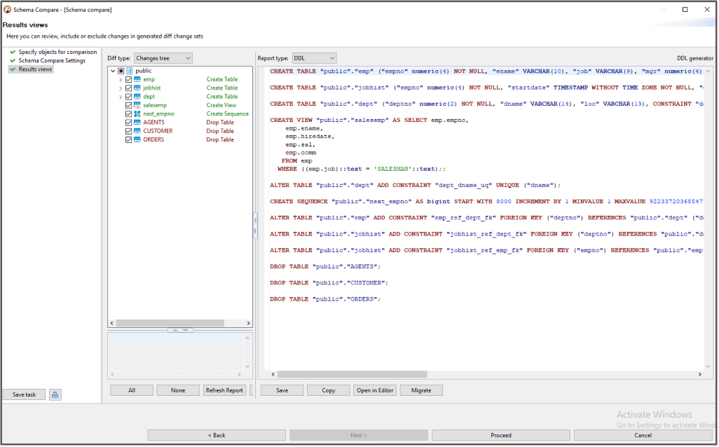 Schema Comparison Results for Different Schemas